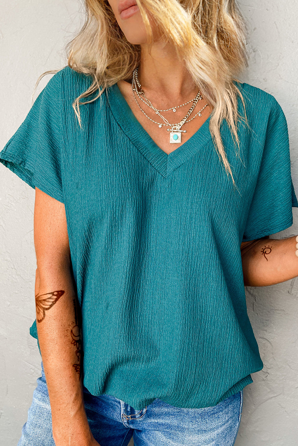 Blue Plain Crinkled V Neck Flounce Sleeve Blouse