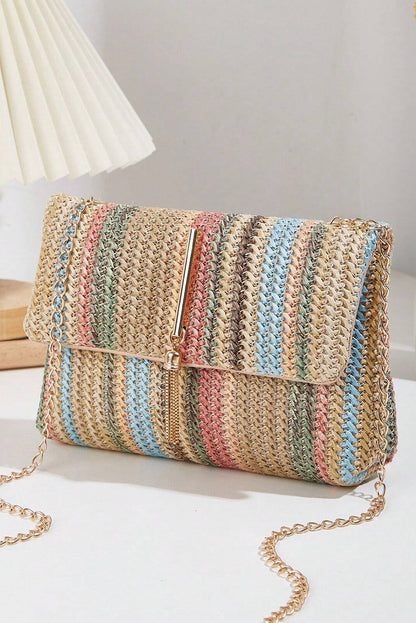 Apricot Striped Crochet Flapped Shoulder Bag