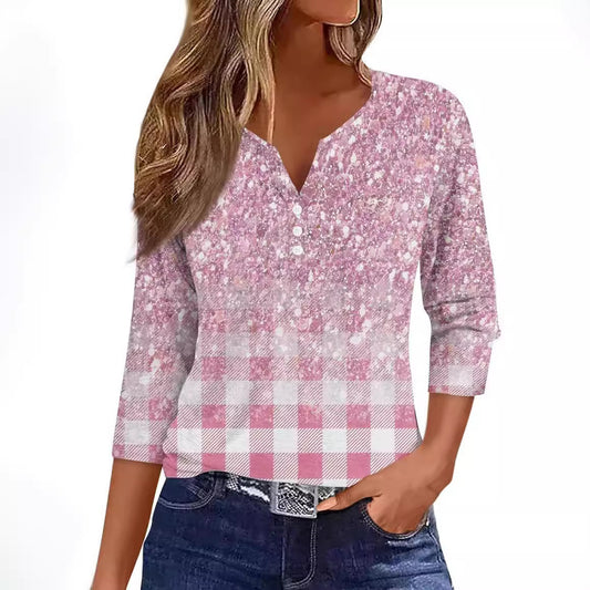 Women's V-neck Three-button 34 Sleeve Solid Color Gradient Floral Top