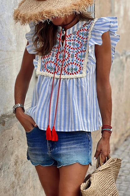 Sky Blue Stripe Geometric Tassel Tied Ruffle Blouse