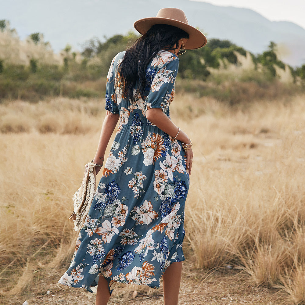 Vestido floral de playa de verano con vestidos de cintura elástica con cuello en V para mujer