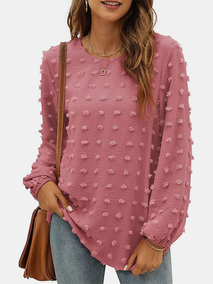 Blusa de manga larga con cuello redondo y lunares suizos