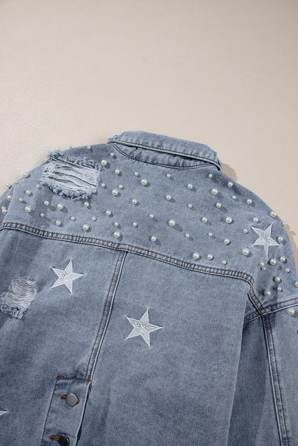 Sky Blue Distressed Pearls Star Cropped Denim Jacket