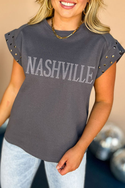 Dark Grey NASHVILLE Letter Graphic Studded Sleeve T Shirt