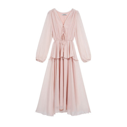 Women's V-neck Lace-up Long Sleeve Elegant Lantern Sleeve Dress