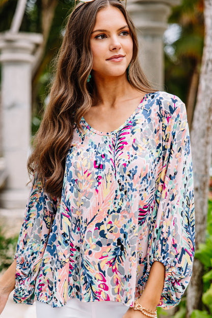 Blue Floral Print Puffy Sleeve Loose Blouse