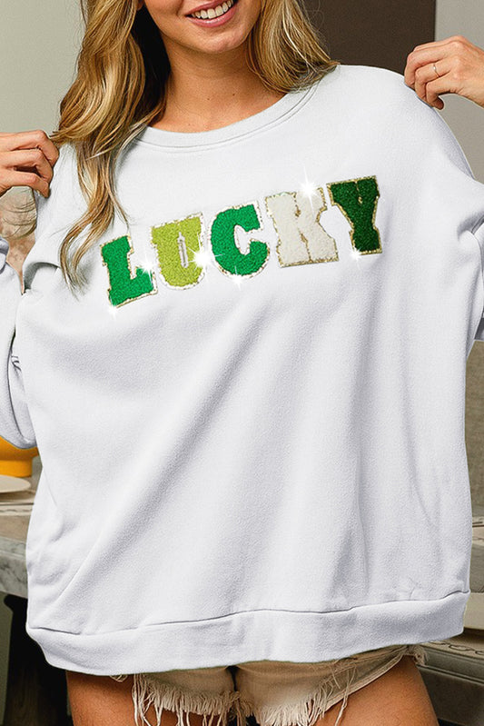 Sudadera con gráfico y jersey bordado con letras de la suerte en blanco