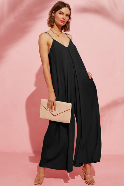 Black Spaghetti Straps Backless Wide Leg Jumpsuit