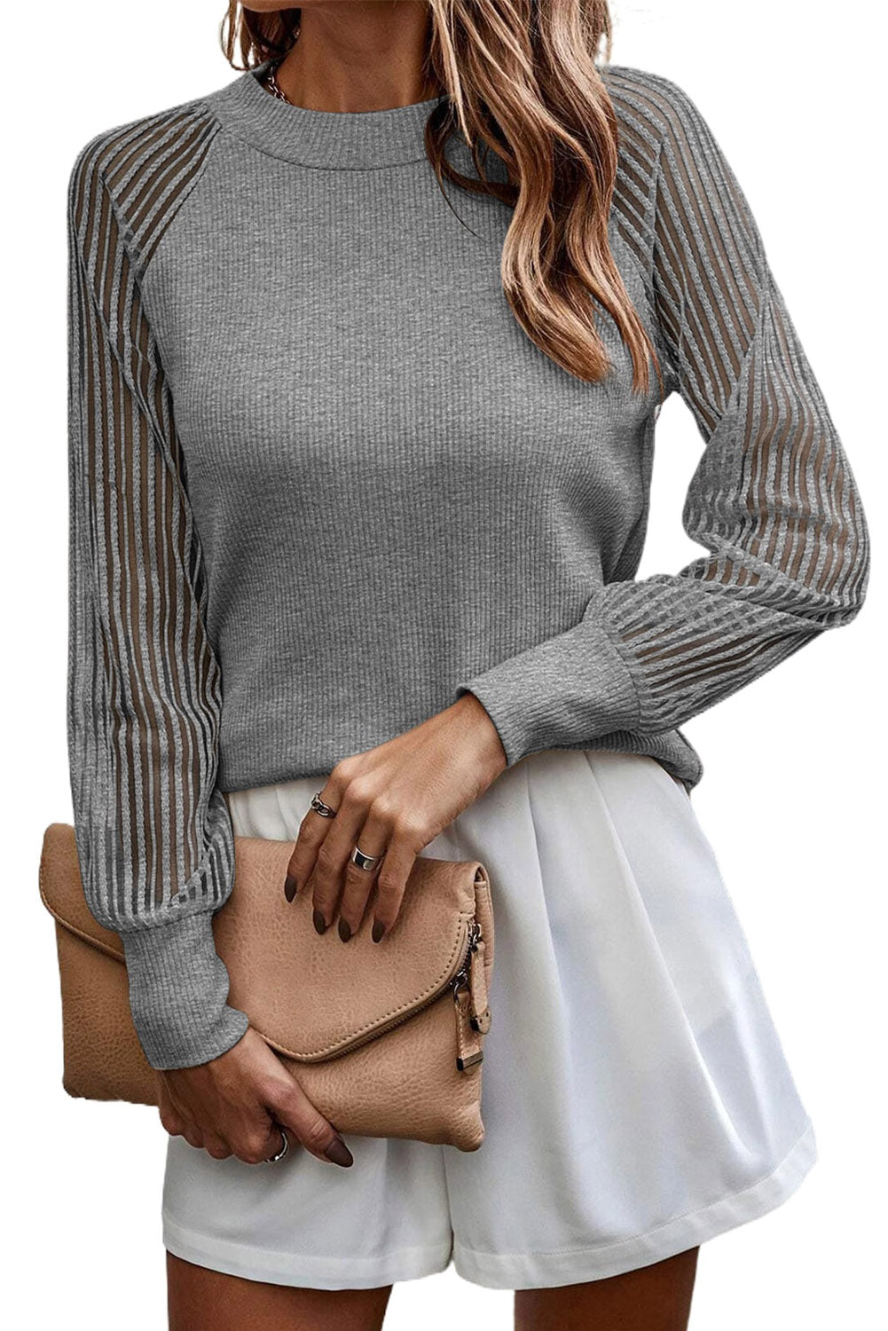 Apricot Striped Mesh Long Sleeve Crewneck Ribbed Top