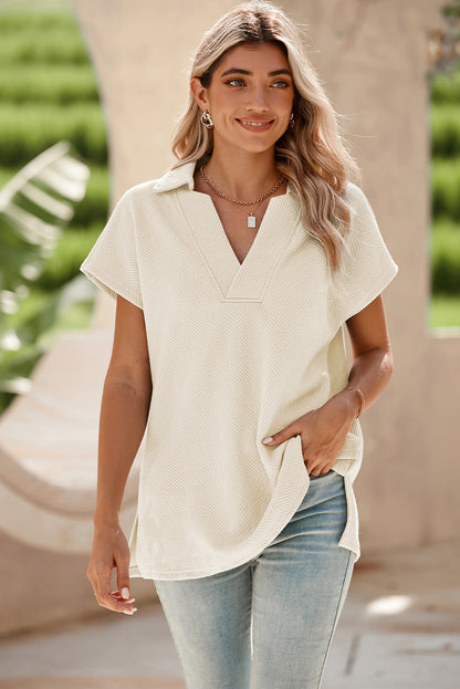 White Textured V Neck Collared Split Hem T Shirt