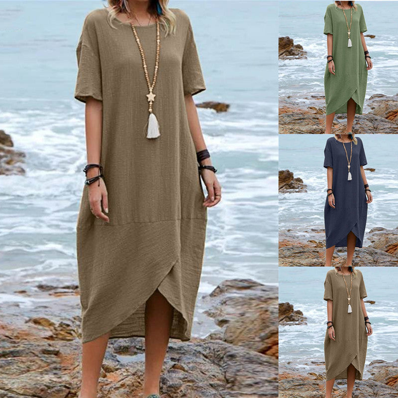 Women's Solid Color Retro Round Neck Short Sleeves Mid-length Dress