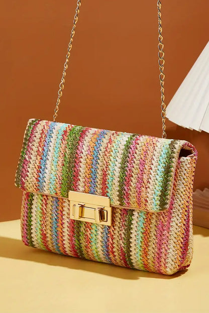 Apricot Striped Crochet Flapped Shoulder Bag