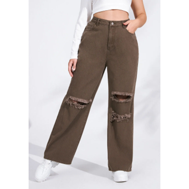 Pantalon droit en denim avec trou taille haute pour femme