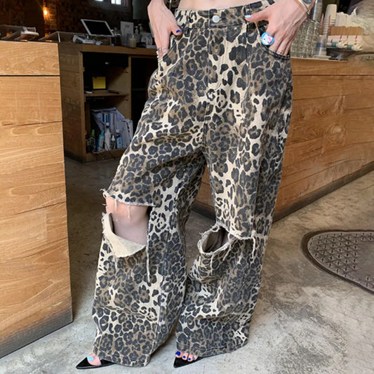 American Vintage Leopard Print Printed High Waist Slimming Straight Pants