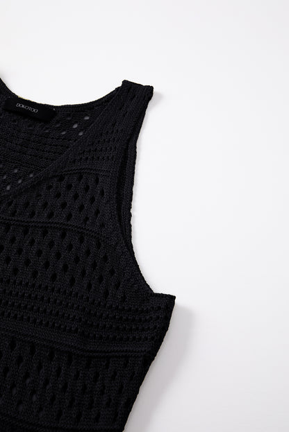 Vestido tipo pareo de crochet ahuecado negro con aberturas