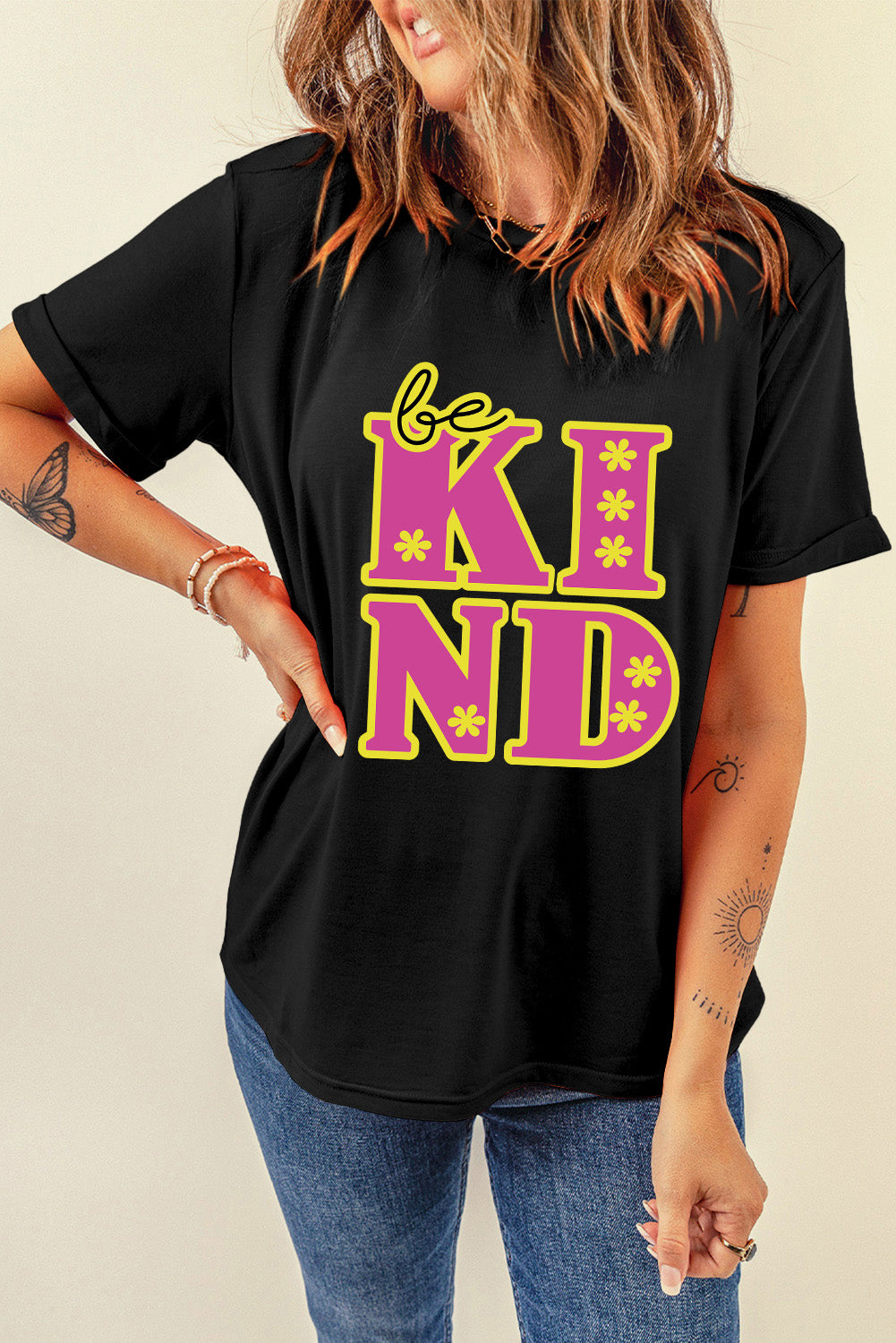 Noir - T-shirt ras du cou graphique à imprimé floral be KIND