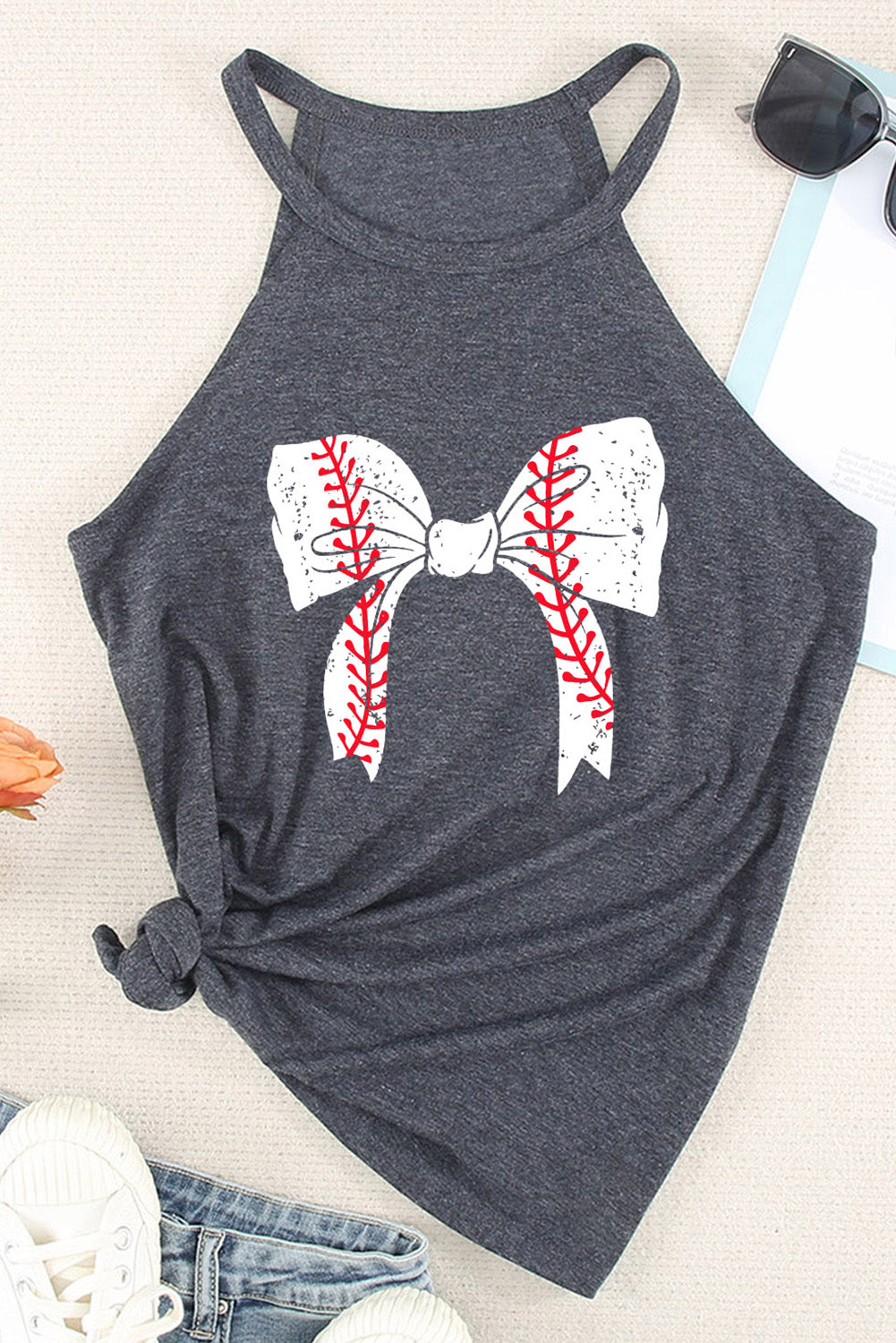 Camiseta sin mangas con cuello halter y estampado de nudo de lazo de béisbol gris