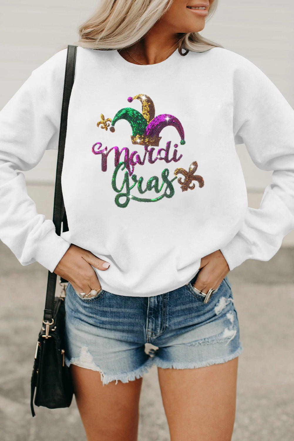 White Mardi Gras Sequined Graphic Drop Shoulder Sweatshirt