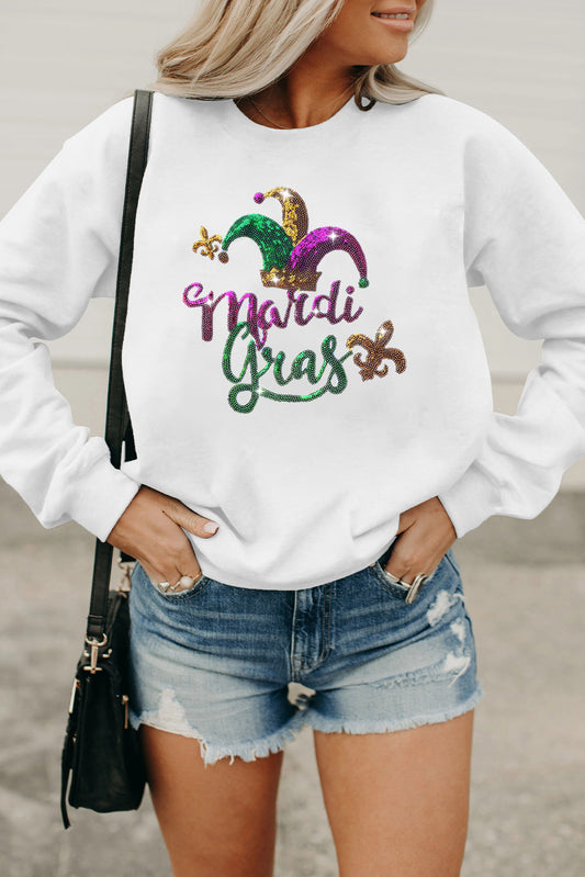 Sudadera blanca con estampado de lentejuelas y hombros caídos de Mardi Gras