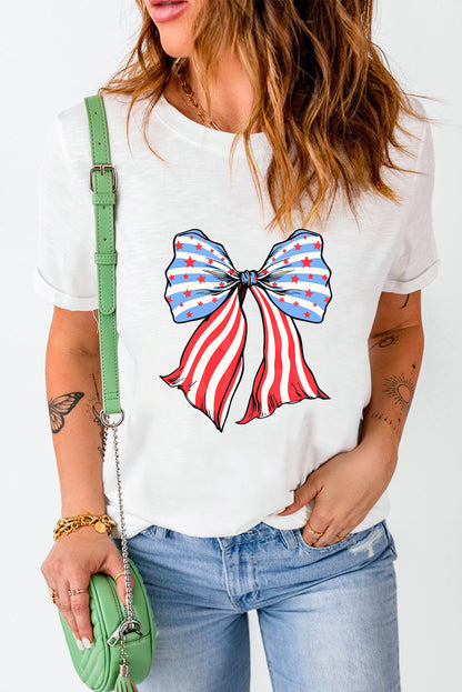 White Stripes and Stars Bowknot Graphic T Shirt