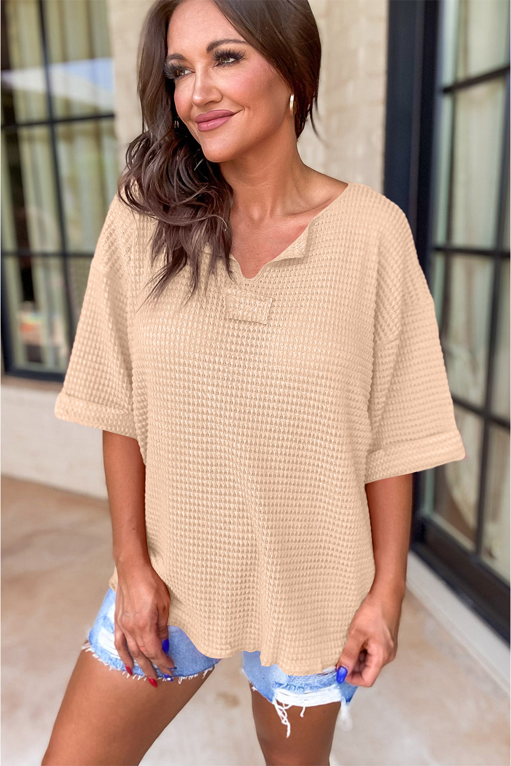 Parchment Solid Textured Split Neck Drop Sleeve T Shirt