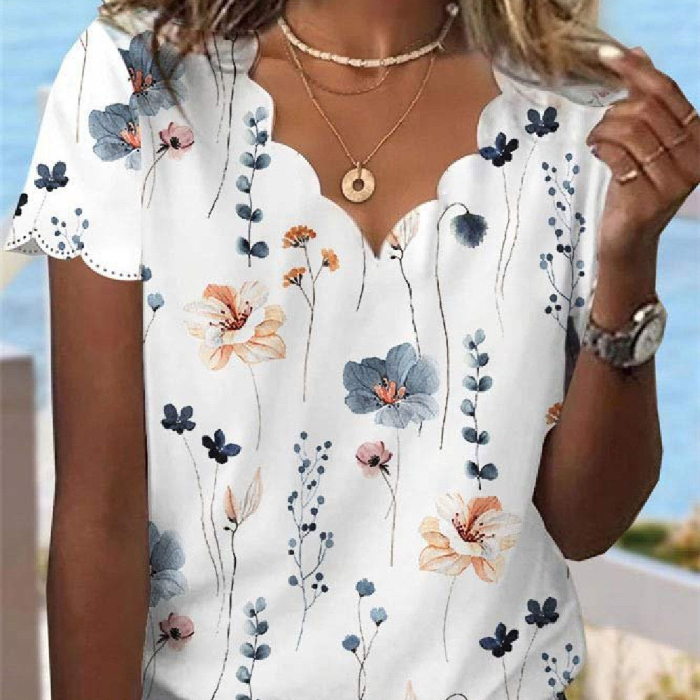 Women's Summer Sexy Shell Collar Floral T-shirt