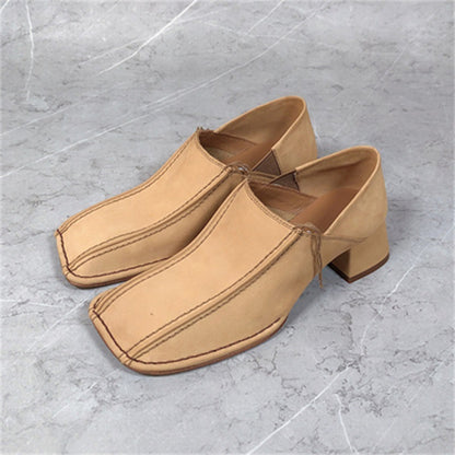 Petites chaussures simples en cuir pour femmes, rétro, tête carrée, talon moyen épais, nouvelle collection