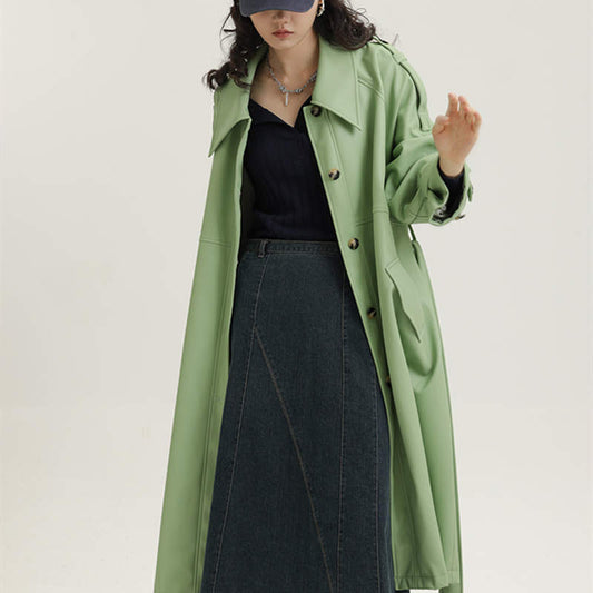 Trench-coat en cuir vert mi-long pour femme