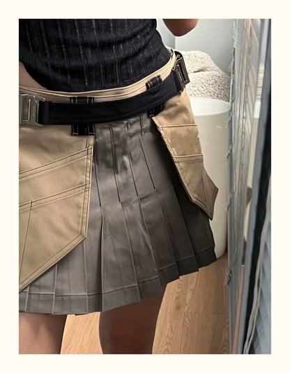 Functional Workwear Style Girl Army Green Low Waist Pleated Skirt