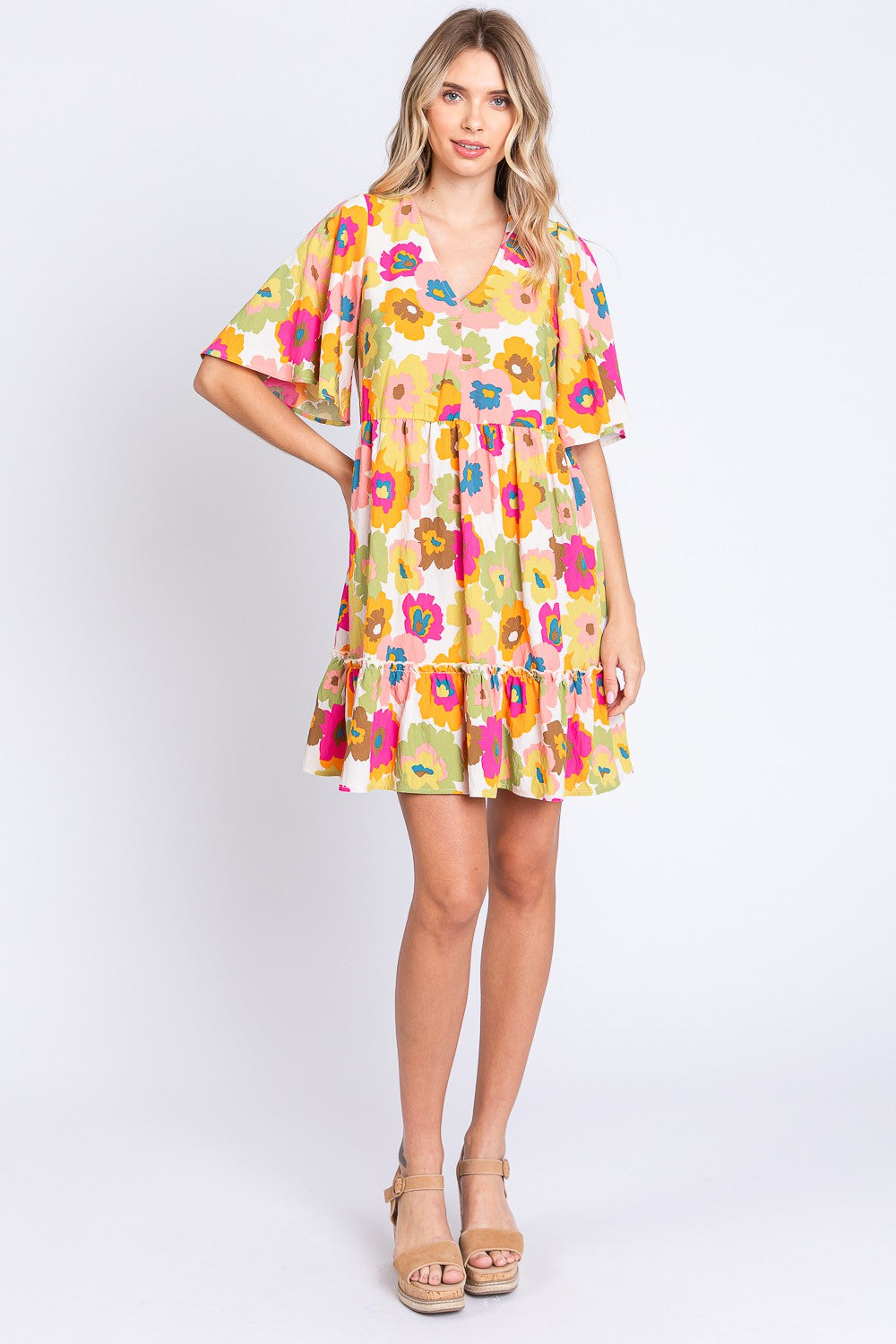 GeeGee Mini-robe florale pleine taille à col en V et bordure à volants