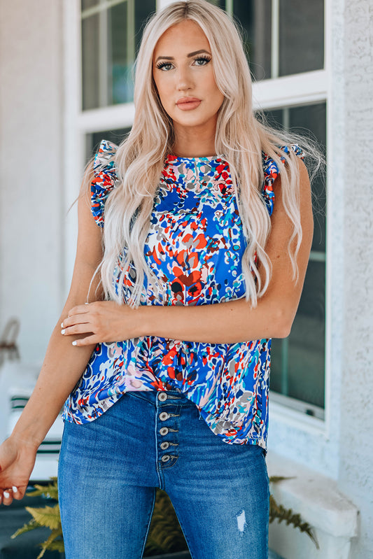 Camiseta sin mangas con estampado floral azul y volantes