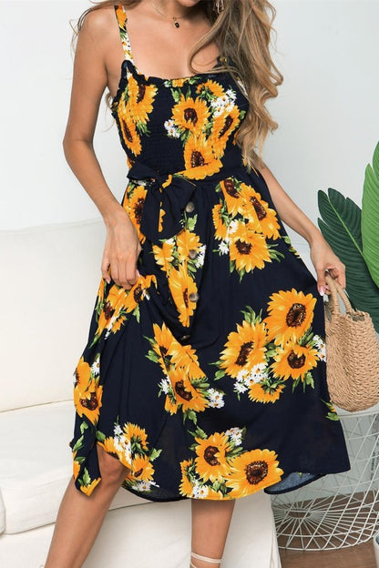 Robe caraco smockée sans manches à imprimé tournesol