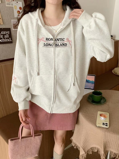 Sweet Style Machine Embroidery Loose Large Zipper Hoodie Coat