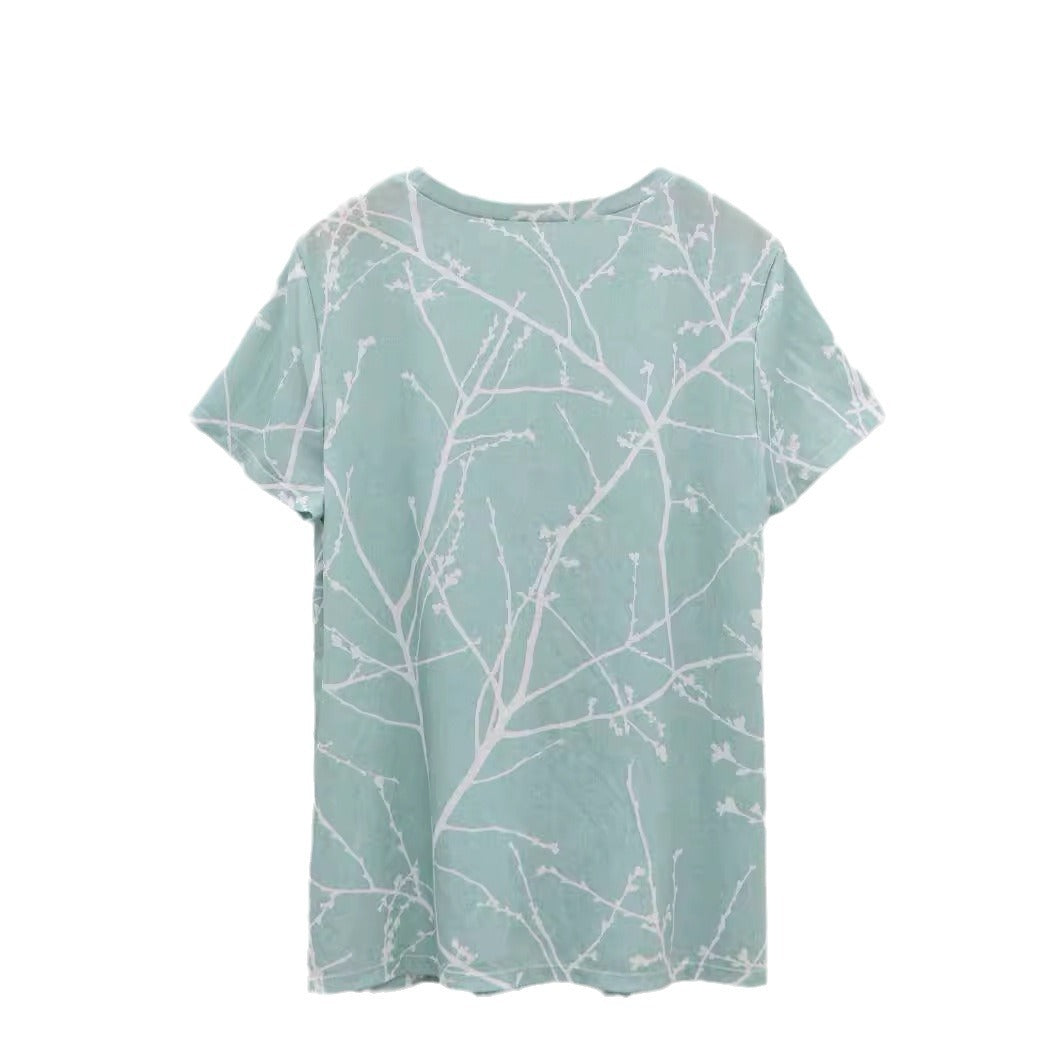 Women's Casual Round Neck Plant Figure T-shirt Top