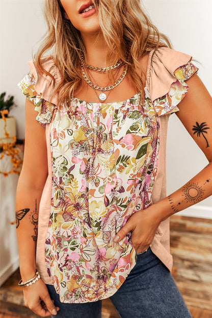 Apricot Pink Floral Print Square Neck Ruffle Sleeve Blouse