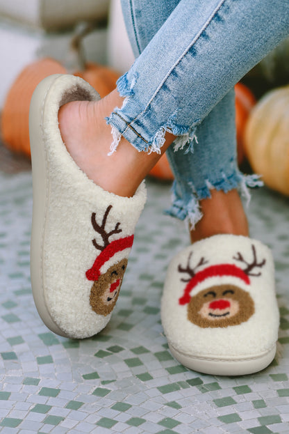 Pantoufles d'intérieur en peluche pour maison de cerf de Noël blanc