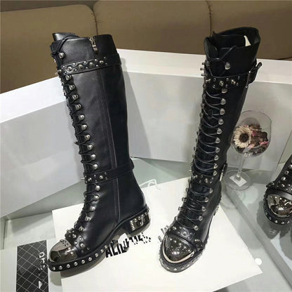 Bottes décontractées à bout de fer et rivets à lacets pour femmes