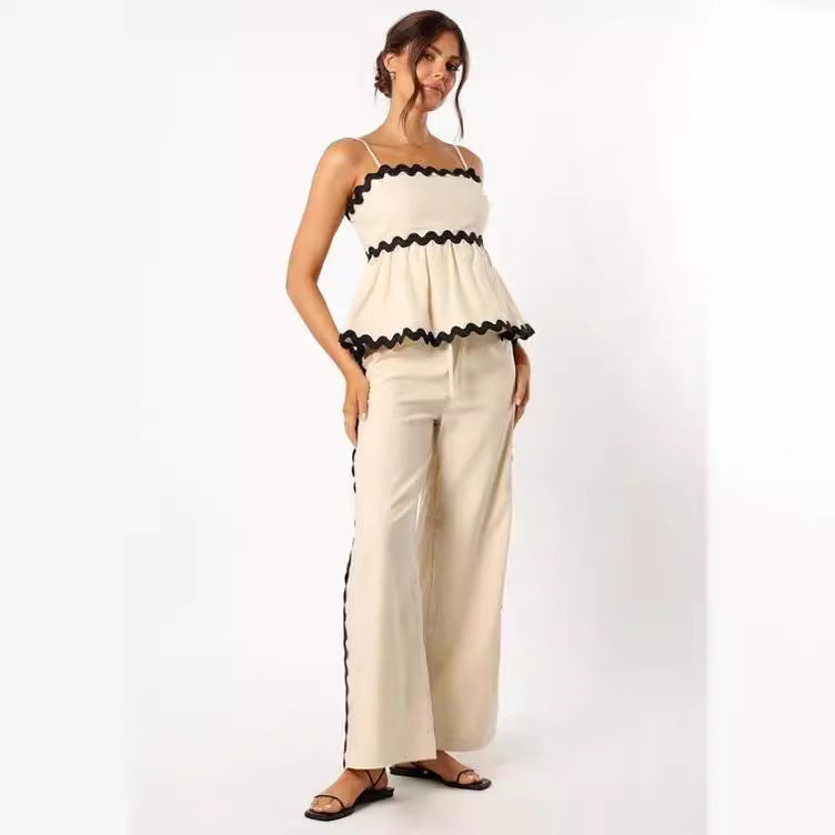 Women's Solid Color Suspenders Stitching Lace Trousers Two-piece Set