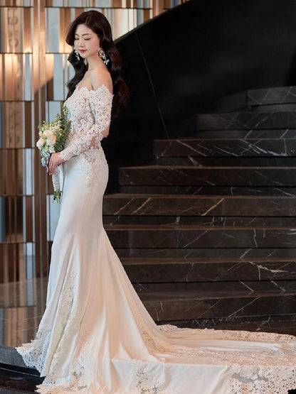 Vestido de novia de manga larga de encaje francés vintage nupcial