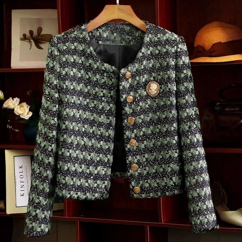 Women's Short Loose Ladies Style Green Striped Coat Jacket