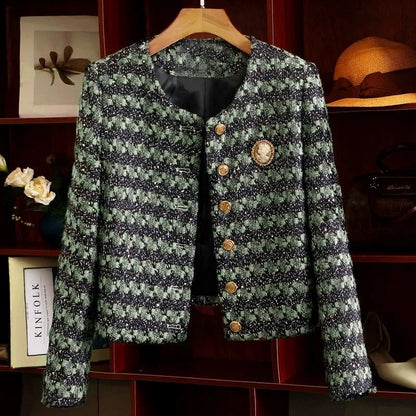 Women's Short Loose Ladies Style Green Striped Coat Jacket