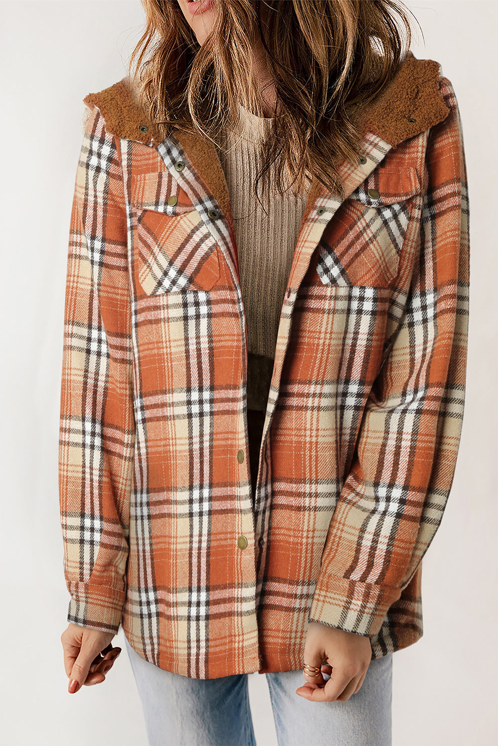 Plaid Pattern Sherpa Lined Hooded Shacket