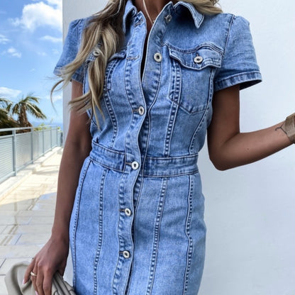 Stretch Mid Length Retro Slim Single-breasted One-step Denim Dress