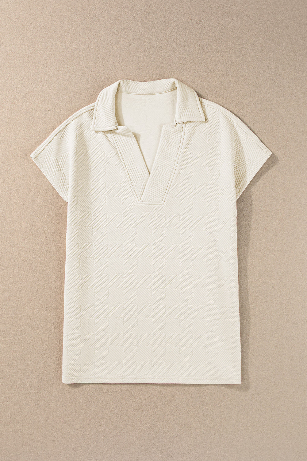 White Textured V Neck Collared Short Sleeve Top