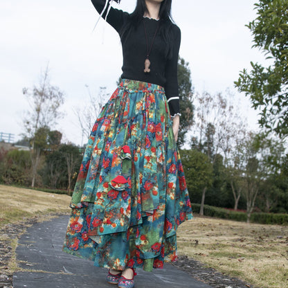 Falda estampada de algodón y lino de mujer de estilo étnico