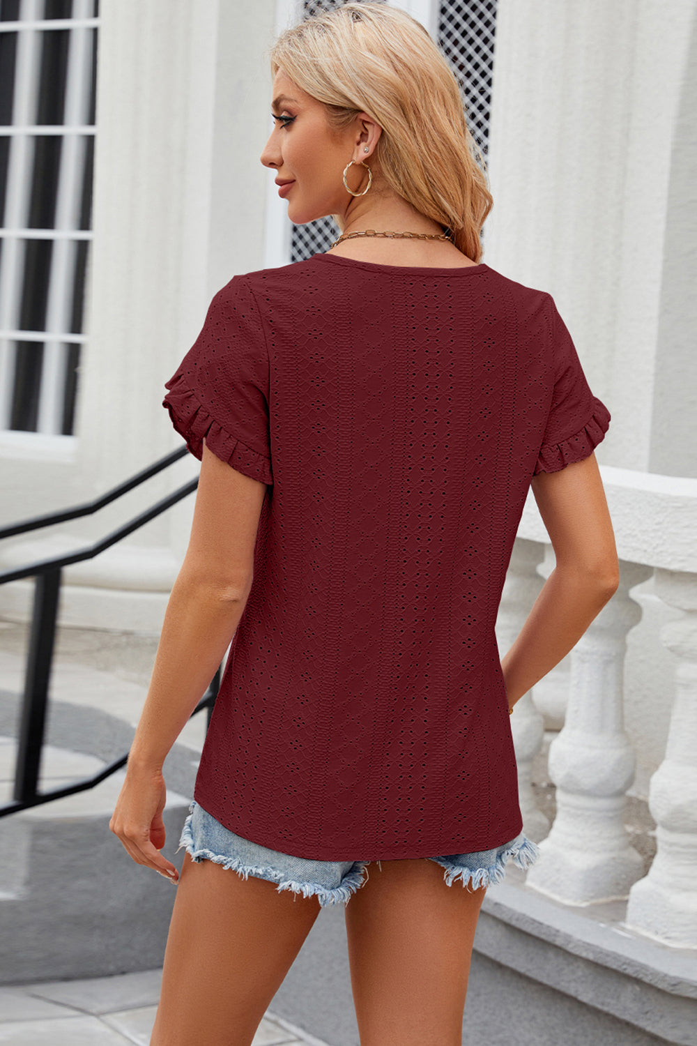 Eyelet Round Neck Petal Sleeve T-Shirt