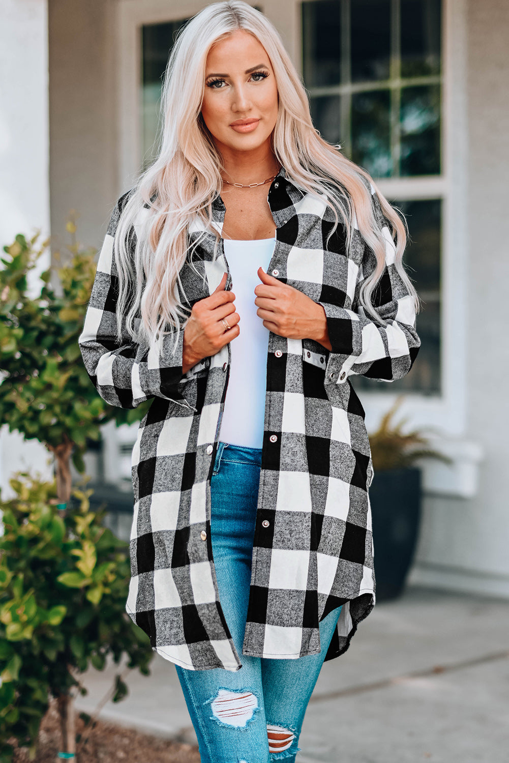 Green Turn-down Collar Plaid Shirt Coat