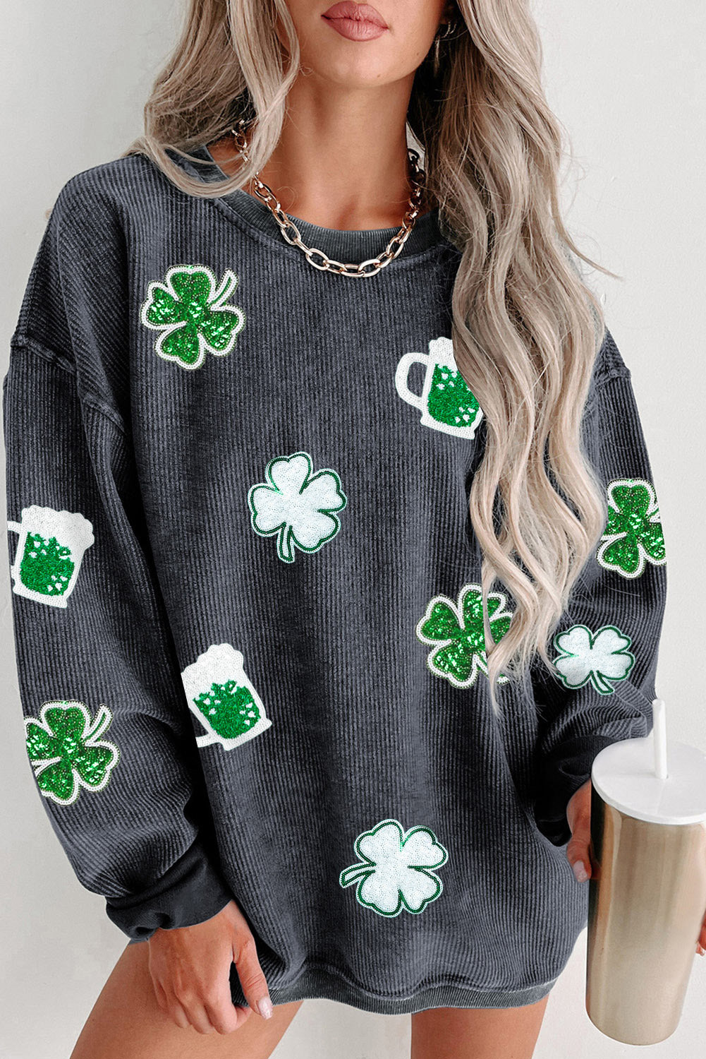 Sudadera gris con cordón y gráfico de trébol de lentejuelas del día de San Patricio