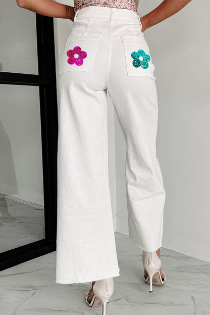 Wholesale White High Rise Colorful Sequin 60s Flower Flare Graphic Jeans