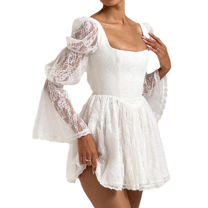 Robe sexy en dentelle à manches longues et col carré pour l'automne